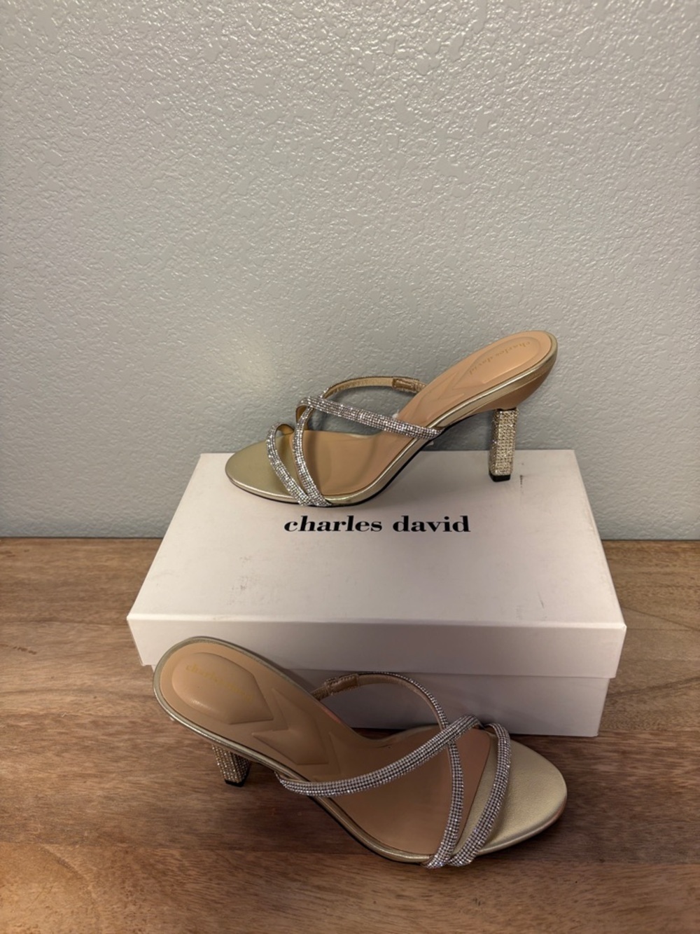 Charles David Champagne Rhinestone Strappy Mid-Heel Sandals